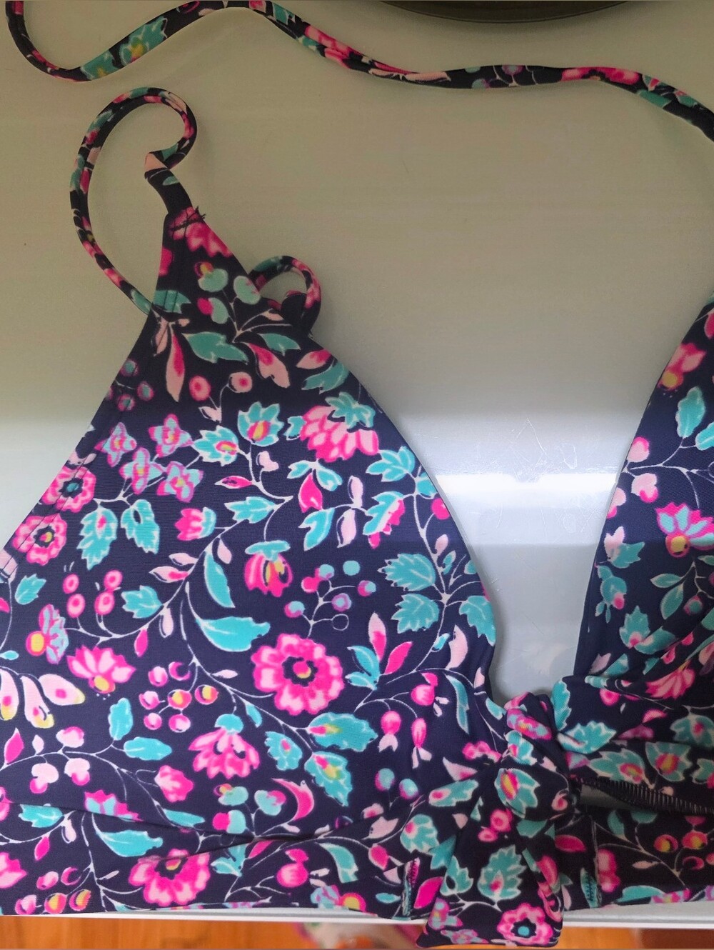 aerie Floral Halter Bikini Top - Navy with Pink & Teal Flowers XL